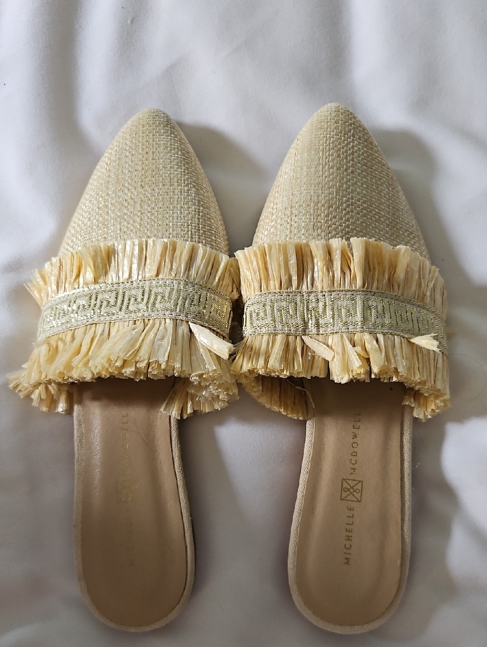 Michelle MCDOWELL Cream Raffia Fringe Pointed Mules SIZE 6